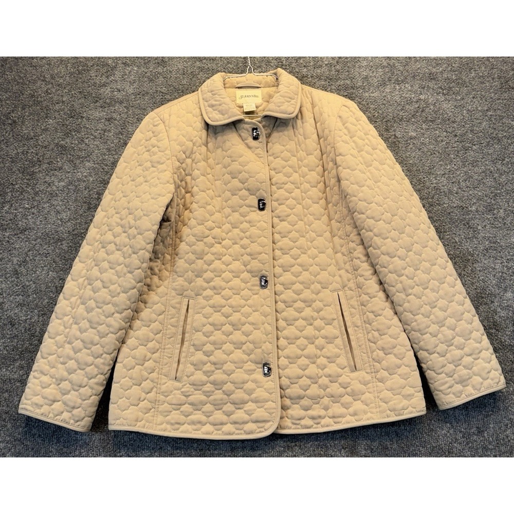 St John's Bay Women's Medium Beige Quilted Jacket Button Front Lightweight Coat